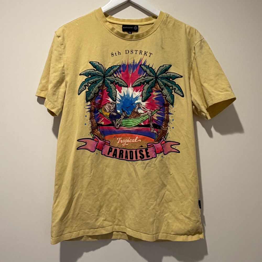 8th DSTRKT Mens Tropical Paradise Skeleton Graphic Tee Yellow Large RN 144386